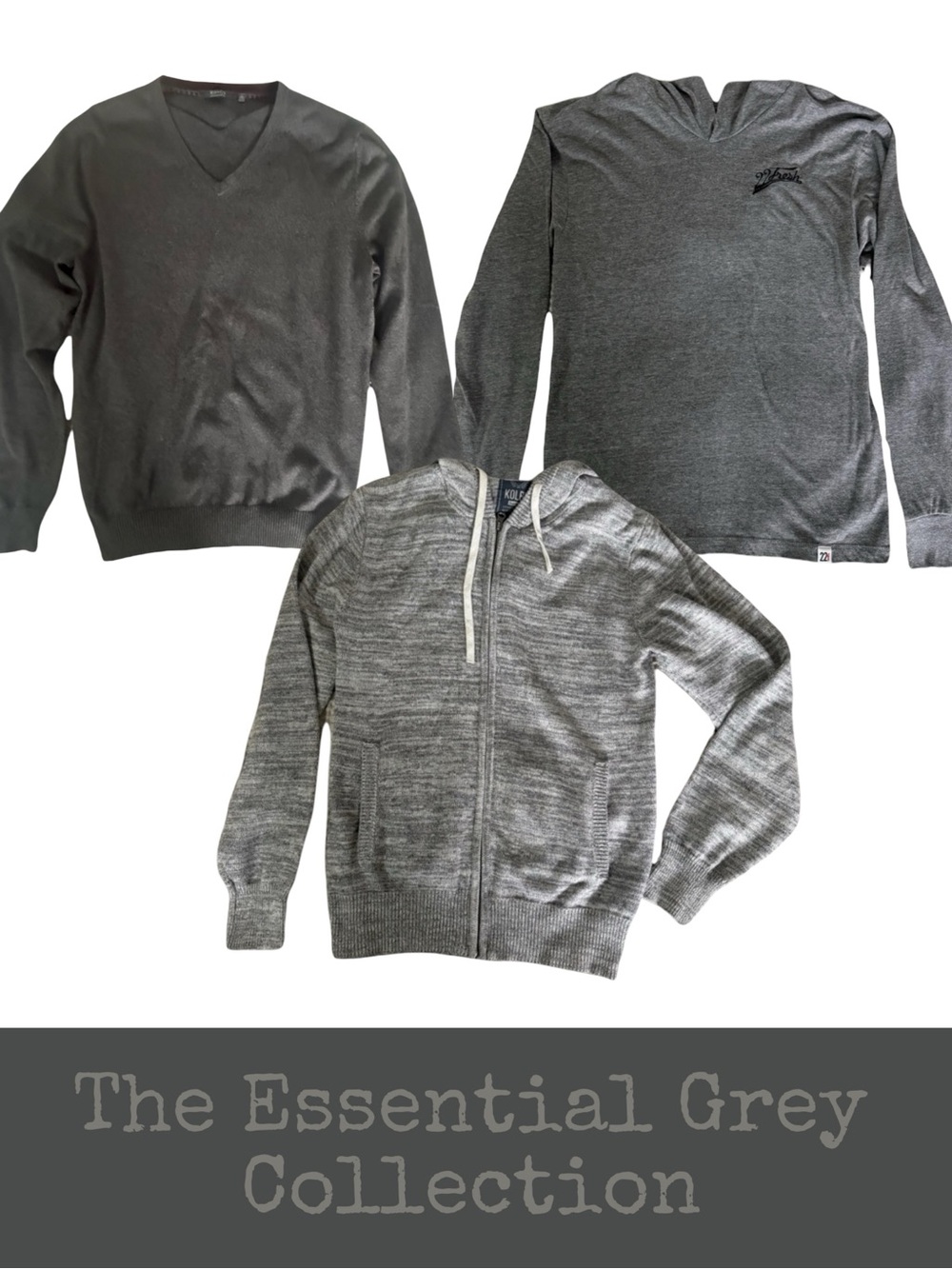 Men's Grey Clothing Bundle: RW&CO. Sweater L, Kolby Hoodie L, 22Fresh Tee M 3pc